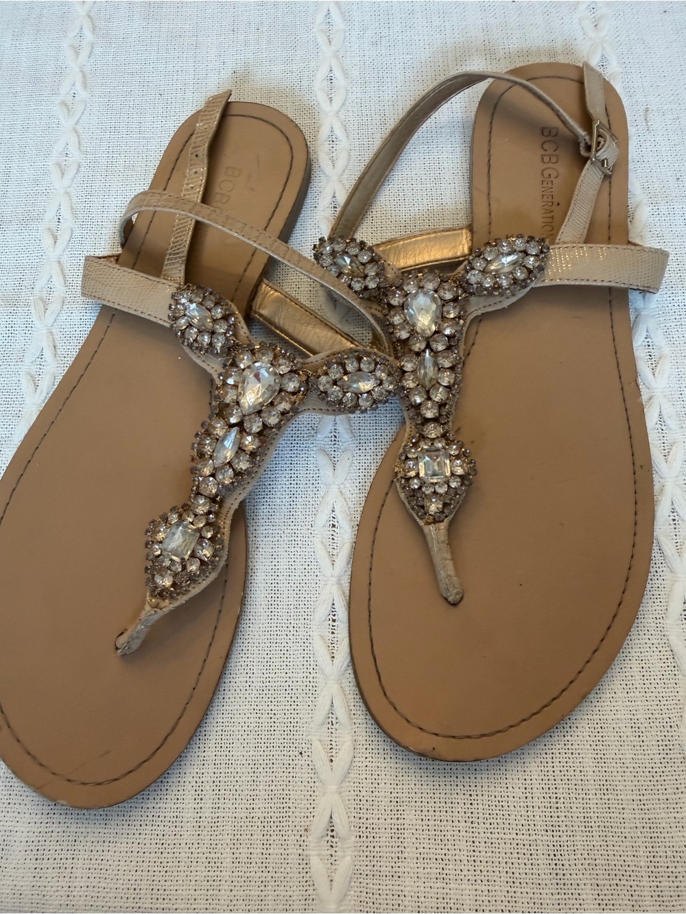 BCBGeneration Beige Jeweled T-Strap Sandals
